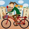自転車で街中を走る女性のイラスト